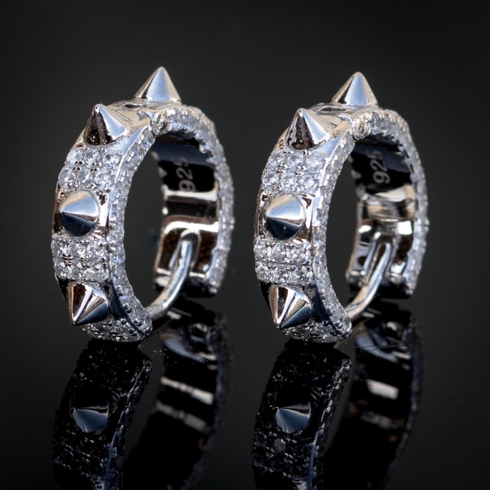 Men’s 14k White Gold Spiked Iced Cz Hoop Earrings